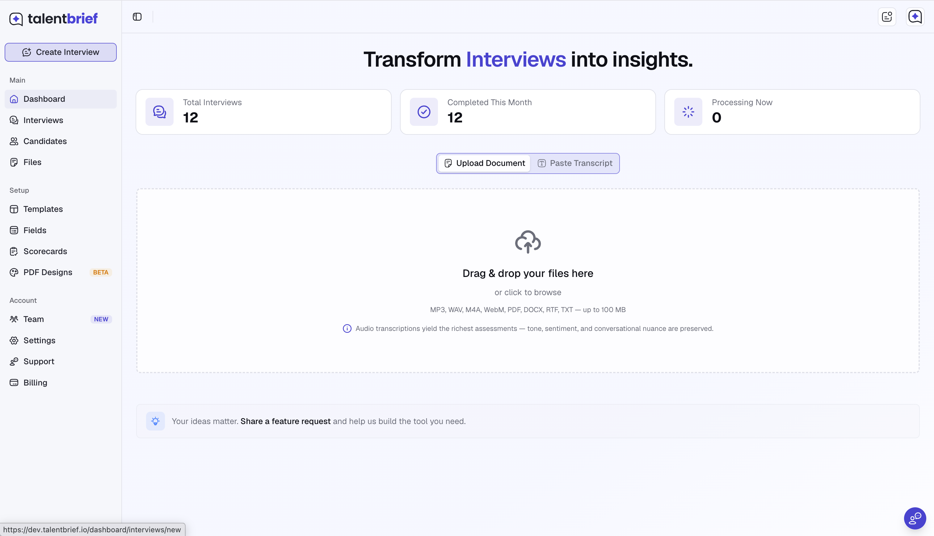 TalentBrief dashboard